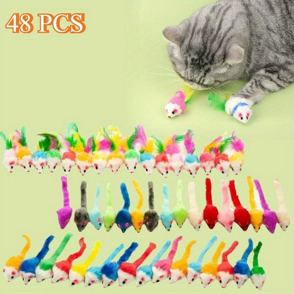 48PCS Assorted Furry Mice Cat Toys - Colorful Interactive Plastic Rattle Mouse Toys with Fluffy Tails for Indoor Cats Kittens,Safe Durable Playtime for All Breeds,Mouse Cat Toy