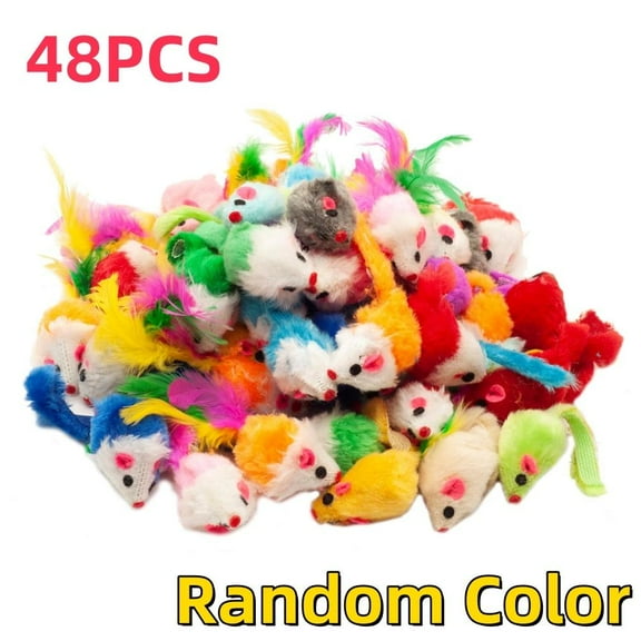 48PCS Assorted Furry Mice Cat Toys - Soft Fabric Interactive Play, Colorful Mini Rattle Mouse Toys for Indoor Cats,Kitten Entertainment | Interactive Mice Toys Random Color Cute