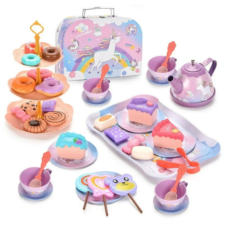 48PCS Children's Pretend Play Afternoon Tea Plastic Unicorn Cup Dessert  Cake Toy Set Exquisite Storage Box Birthday Gift For Girl 
