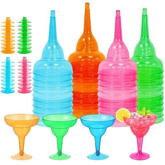 48PCS Disposable Margarita Glasses, 12oz Plastic Party Cocktail Cups, Tall Stemmed Martini Glasses, Cinco De Mayo Party Decorations, Ideal for Cocktails, Cold Drinks, 4 Colors
