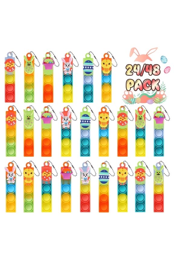 Easter Mini Pop Fidget Keychain Toys, 24/48 Pack Easter Basket Stuffers for Kids, Silicone Bubble Sensory Toys Bulk, Easter Party Favors, Goodie Bag Fillers, Classroom Prizes, Stress Relief Toys for