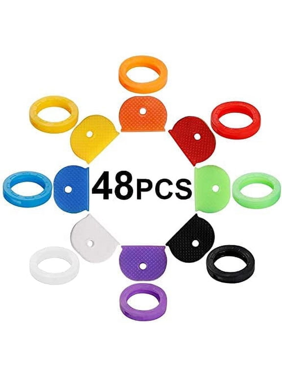 48PCS Key Caps Covers, Key Caps Key Rings Combination Set Key Identifier Label Coding Rings to Identify Your Keys in 8 Assorted Colors, 2 Styles