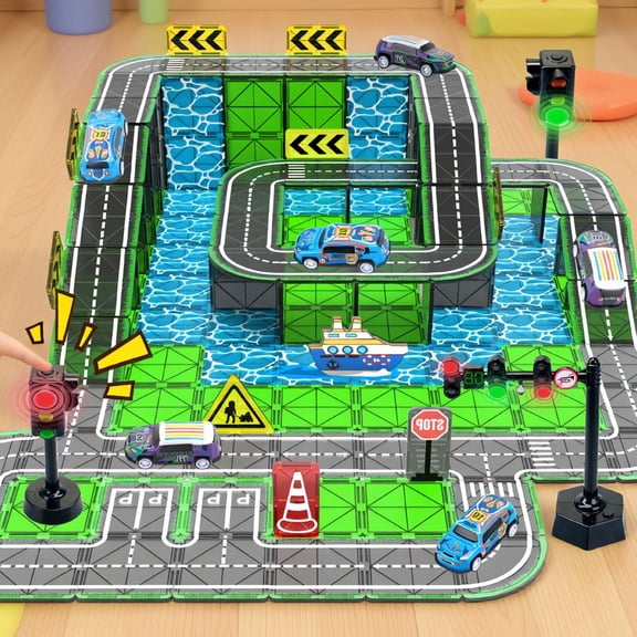 48PCS Magnetic Tiles Road Set for 3-8, Building Blocks with Traffic Lights, Pullback Cars, Ship & Traffic Signs
