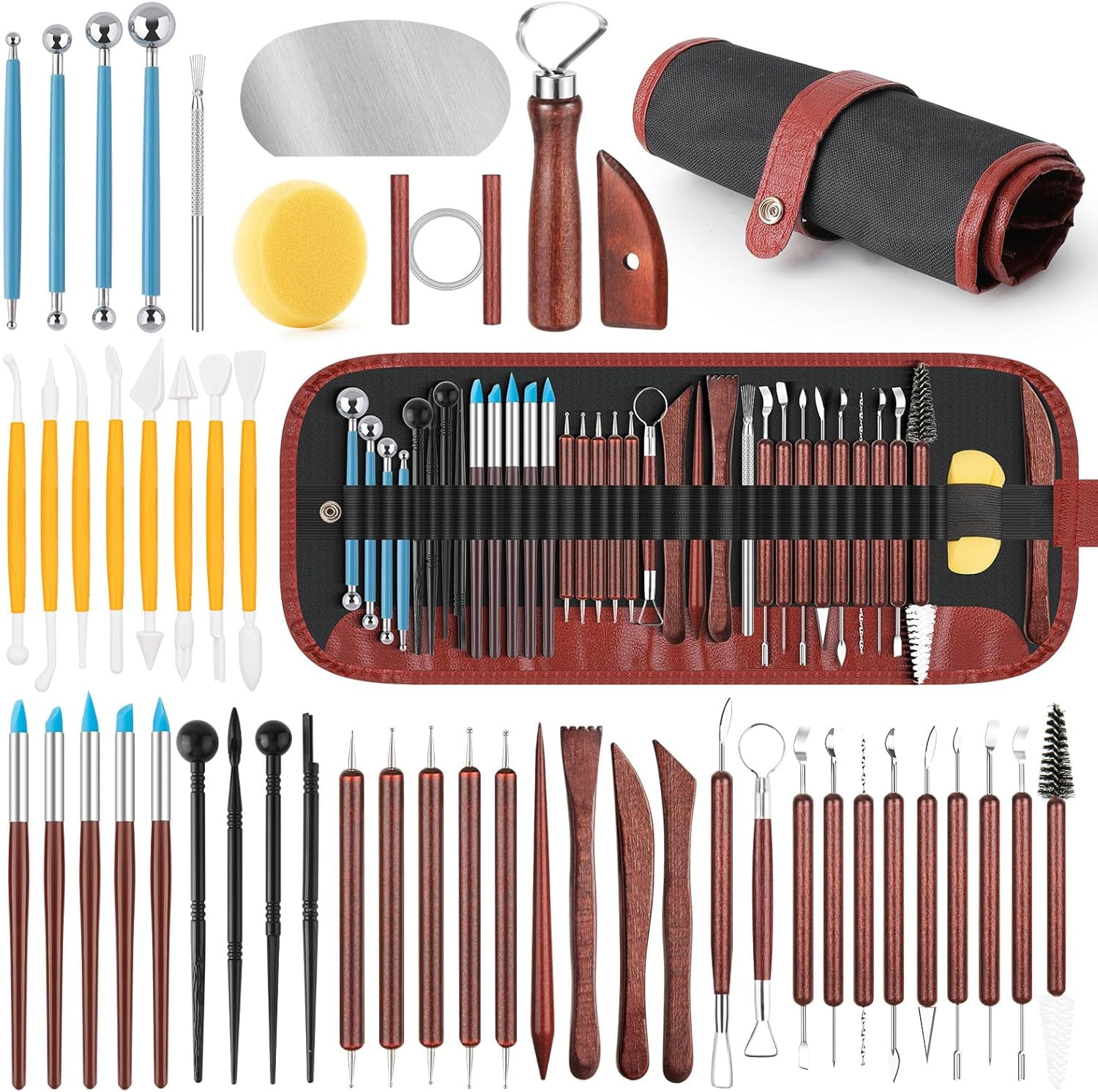 48PCS Pottery Tools Kit for Sculpting, Clay Carving Tools, Ceramic Polymer Clay, Modeling, Trimming, Molding, Shaping, Kiln, Arts Crafts Supplies, Adults, Students, Beginners, Pros