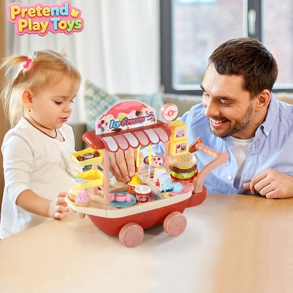 48PCS Pretend Play Ice Cream Candy Cart Toy Set, Kids Toddler Rolling Sweet Dessert Snack Stall Playset, Preschool Educational Learning Toys, Imaginative Vendor Role Play Kit for Boys Girls Ages 3+