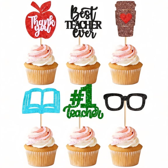 48PCS Teachers's Day Cupcake Toppers Glitter Best Teacher Cake Picks Thank You Glasses for Baby Shower Birthday Anniversary Thanksgiving Day Party Cake Decoration Supplies