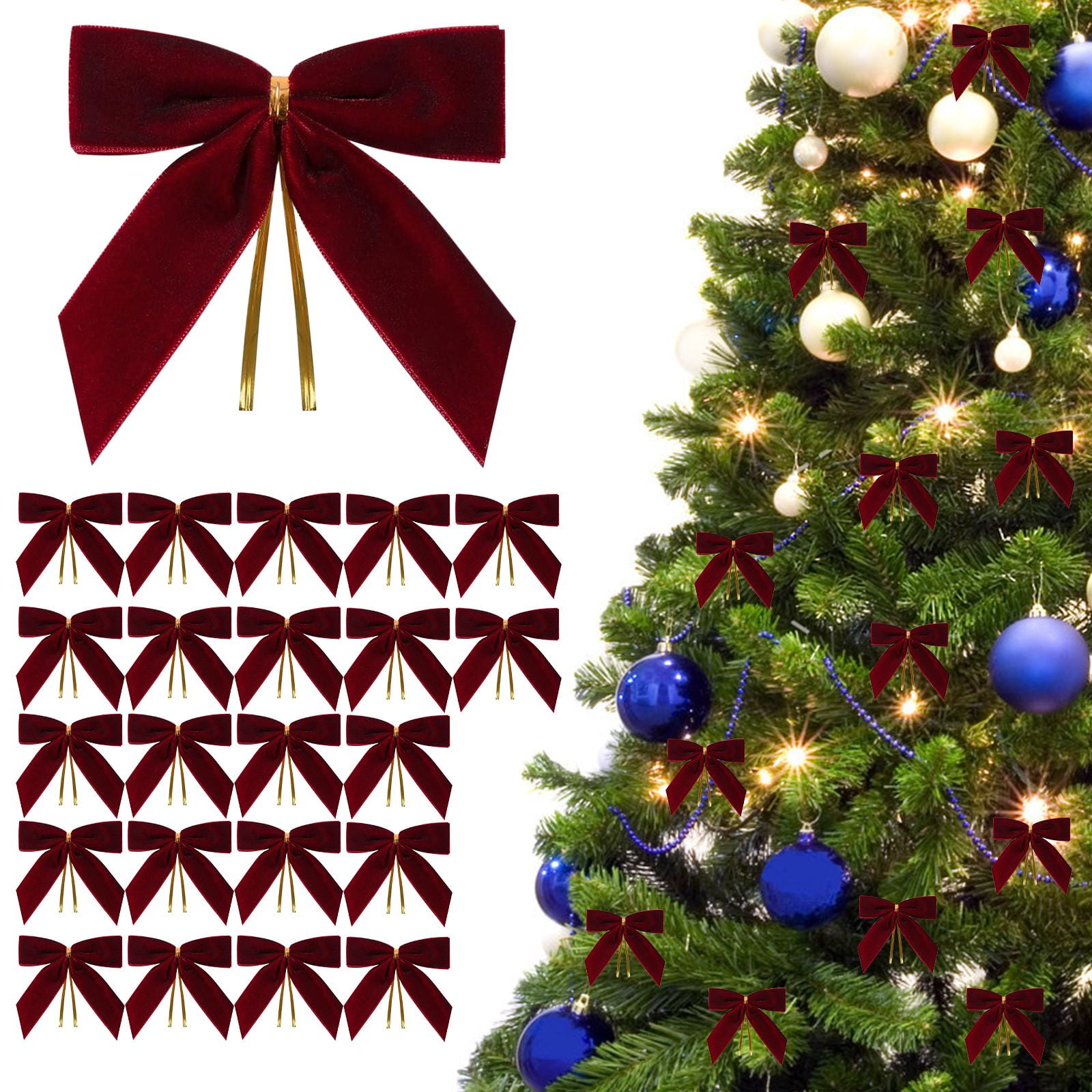 48PCS Velvet Christmas Bows for Christmas Tree Rustic Crafts Gift Bows Vintage Velvet Ribbon Bows for Xmas Home Decor Wedding Outdoor Indoor