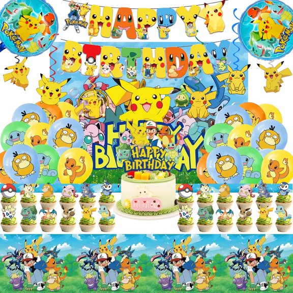 48PCS anime Birthday Party Supplies: 1*"Happy Birthday" Banner, 6Hanging Swirls, 1Tablecloth, 1Backdrop, 1Cake Topper, 24 Cupcake Toppers, 12Latex Balloons, 2Aluminum Balloons Y101
