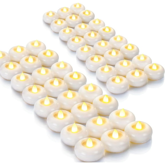 48 Pack 2 inch Flameless LED Floating Candles, Battery Operated Waterproof Flickering Tealights for Wedding Party Pool Holiday Centerpieces, White Base