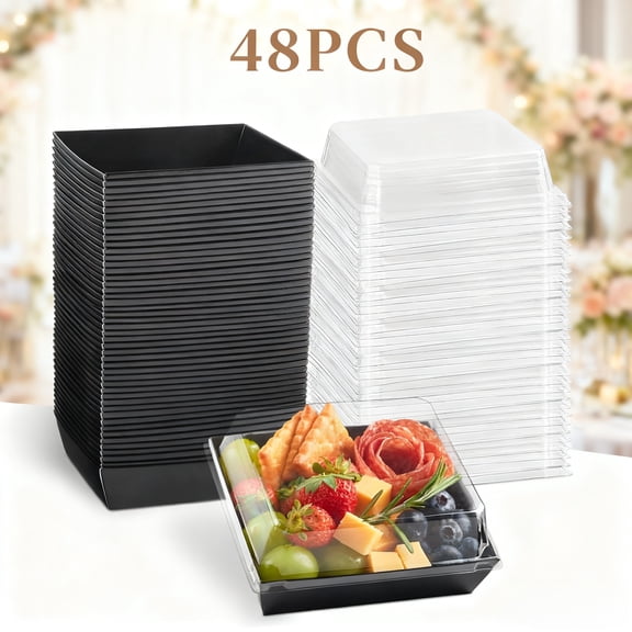 48Pack 5 Inch Paper Charcuterie Boxes with Clear Lids, Square To Go Cake Slice Containers Small Bakery Boxes for Dessert, Cookies, Sandwich, Strawberries (Black)