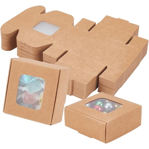 48Packs 2.2x2.2x1 Inch Brown Kraft Paper Box with Clear Windows Foldable Paper Gift Box Goodies Candy Box Dessert Box