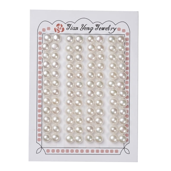 48Pair Grade AAA Natural Cultured Freshwater Pearl Beads Half Drilled Flat Round White 7~7.5x5mm Half Hole: 1mm