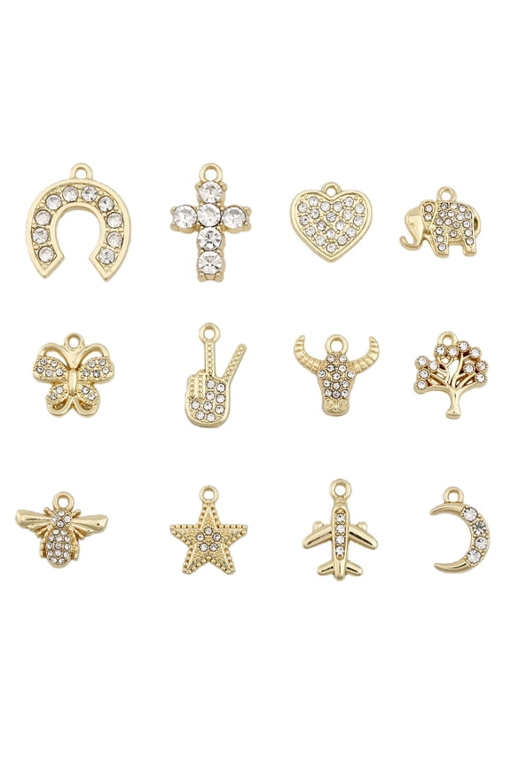 48Pc 12Style Rack Plating Alloy Pendants with Crystal Rhinestone Bee & Heart & Guitar & Tree Charms Light Gold 12.5~21x10~18.5x2~4.5mm Hole 1.2~2mm