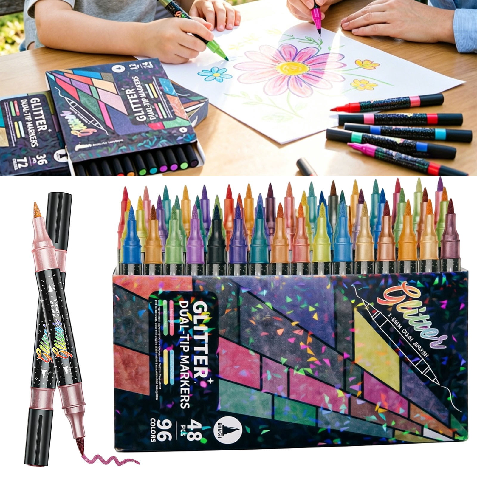 36Pc Glitter Dual Tip Markers, Sparkle Metallic Glitter Marker