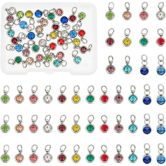 48Pcs 12 Colors Birthstone Pendants 11mm Rhinestone Charms Stainless Steel Charms with Jump Rings for Bracelet Earrings Necklace Keychain Chokers Jewelry Making ﻿ Silver