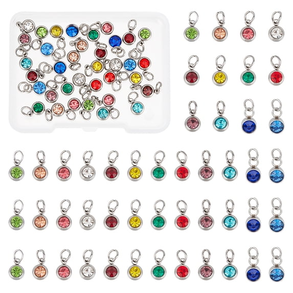 48Pcs 12 Colors Birthstone Pendants 11mm Rhinestone Charms Stainless Steel Charms with Jump Rings for Bracelet Earrings Necklace Keychain Chokers