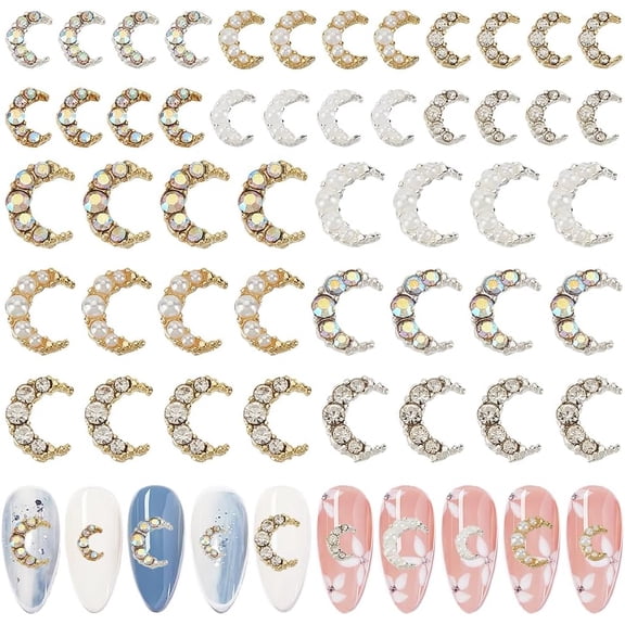 48Pcs 12-Style Rhinestones Moon alloy Resin Fillers 3D Mini Moon with Pearl Alloy Cabochons Moon Nail Art Charms Kit Moon Shape Epoxy Resin Supplies for Resin Craft Jewelry DIY- Golden&Silver