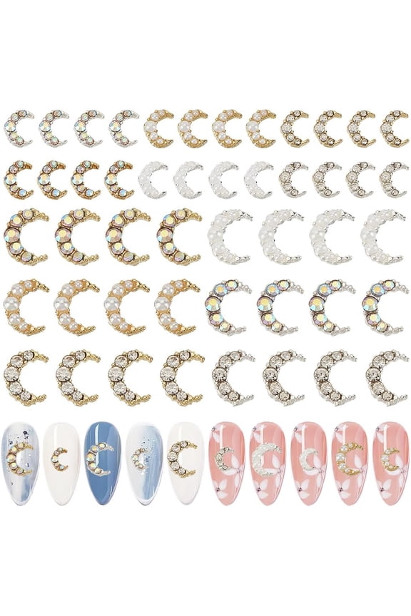 48Pcs 12-Style Rhinestones Moon alloy Resin Fillers 3D with Pearl Alloy Cabochons Moon Nail Art Charms Kit Moon Shape Epoxy Resin Supplies for Resin Craft Jewelry DIY- Goldenilver Colorful DIY