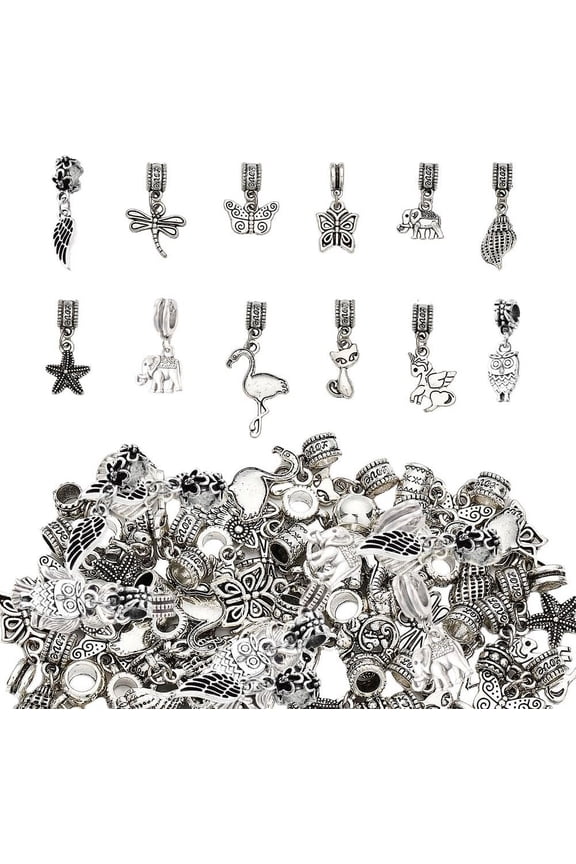 48Pcs 12 Styles Alloy Dangle Spacer Beads European Dangle Beads Silver Butterfly Elephant Owl Charm for European Snake Chain Bracelet Necklace Making 21~30mm Length