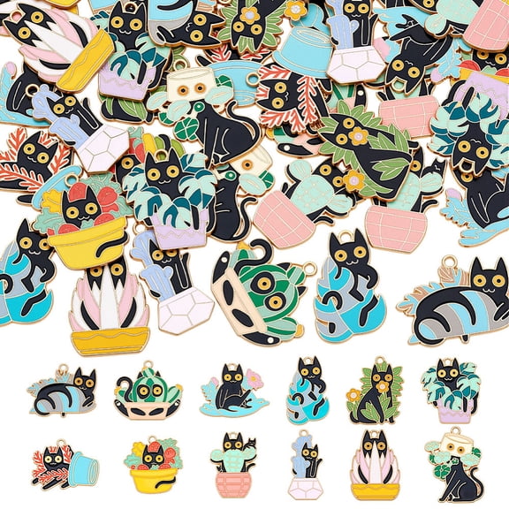 48Pcs 12 Styles Alloy Enamel Pendants Cat Shape Mixed Color 22~30x15~28.5x1~1.5mm Hole: 1.6~1.8mm 4pcs/style