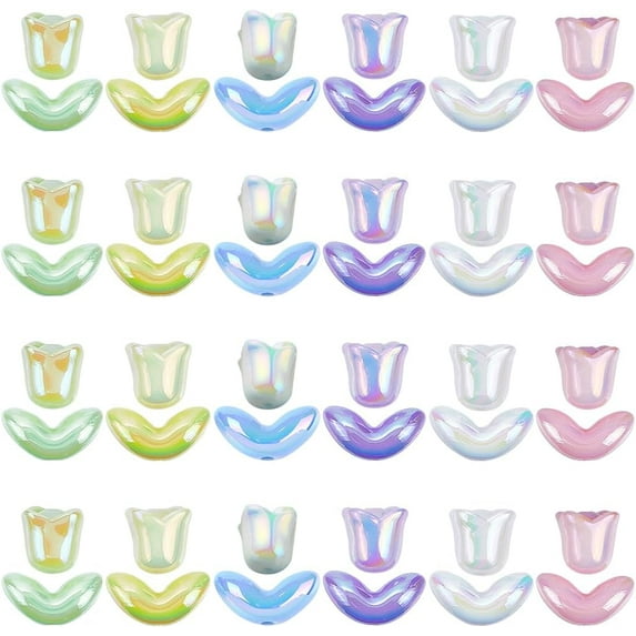 48Pcs 12 Styles Bell Flower Beads Bulk Rainbow Flower Bead Iridescent Lily of The Valley Colorful Floral UV Plated Tulip Spacer Loose Bead for DIY Jewelry Making Bracelets Necklaces DIY Crafting