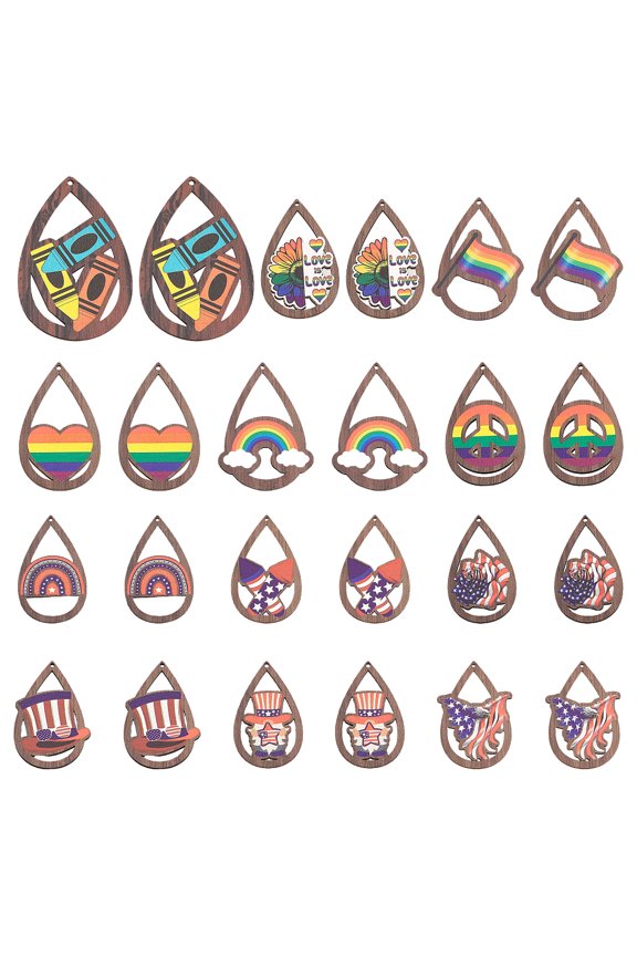 48Pcs 12 Styles Single Face Printed Aspen Wood Big Pendants Teardrop Charms Mixed Color 49.5~72.5x31.5~48.5x2.5mm Hole: 1.6~2mm 4pcs/style