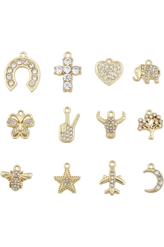 48Pcs 12Styles Rhinestone Alloy Charms Rack Plating Alloy Pendants with Rhinestone Bee Heart Guitar Tree Charms for DIY Jewelry Making Light Gold