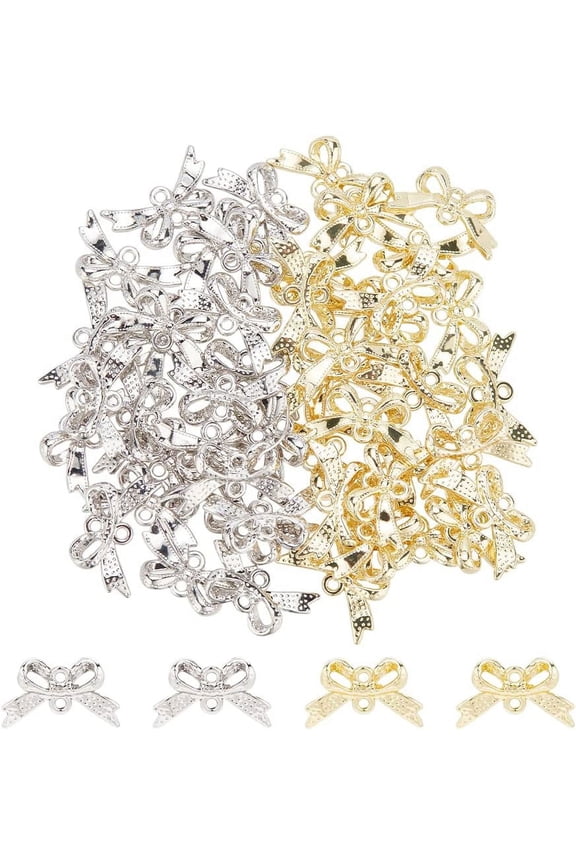 48Pcs 2 Colors Bowknot Charms Bulk Connector Charm Metal Double Loop Charms Alloy Bows Tie Charm Cute Bowknot Links Pendant