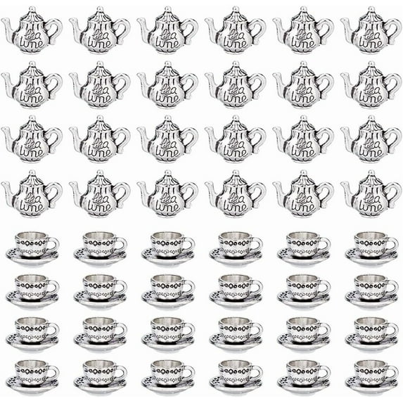 48Pcs 2 Styles Teapot Tea Cup Charms Alloy Coffee Mug Charm Afternoon Tea Theme Charms Vintage Tea Kettle Charms for DIY Jewelry Making Bracelet Necklace Earrings Silver DIY