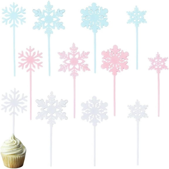 48Pcs 3 Colors Snowflake Cupcake Topper Christmas Cake Toppers Bulk Silver Blue Pink Plastic Xmas Winter Holiday Dessert Cakes Hollow Snowflakes Topper for Birthday Party Cupcakes Decoration