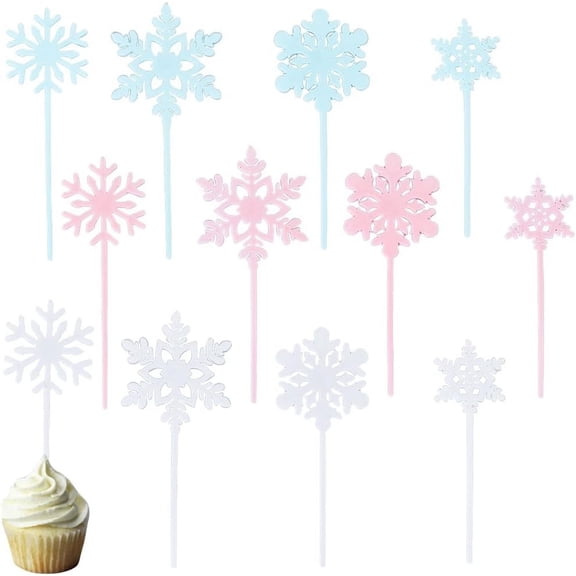 48Pcs 3 Colors Snowflake Cupcake Topper Christmas Cake Toppers Bulk Silver Blue Pink Plastic Xmas Winter Holiday Dessert Cakes Topper for Birthday Party Cupcakes Decoration Mixed Color