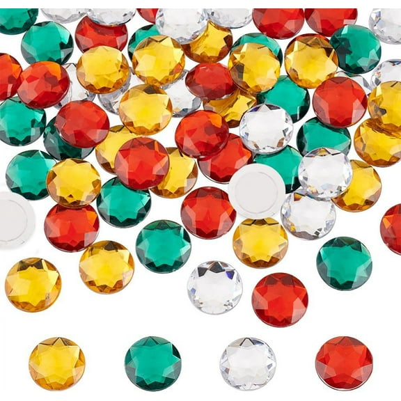 48Pcs 30mm Flat Back Round Acrylic Rhinestone Stick On Plastic Gems Red Green Clear Yellow Self Adhesive Jewels Embelishments for Cosplay Costume Jewelry Making Christmas Decor for DIY