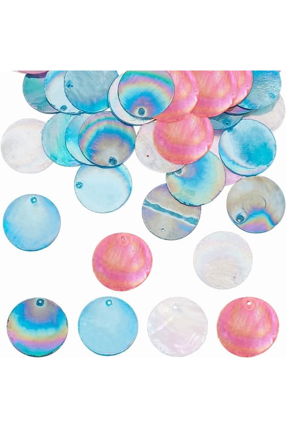 48Pcs 4 Colors Flat Round Shell Charms Bulk 24-25mm Colorful Shell Coin Charms Seashell Ocean Pendants