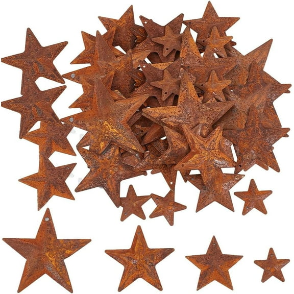 48Pcs 4 Sizes 1-2.4 inch Christmas Rustic Metal Barn Star Vintage Primitive Rusty Stars with Holes Country Retro Iron Star Ornaments for Home Farmhouse Decor Party Clear