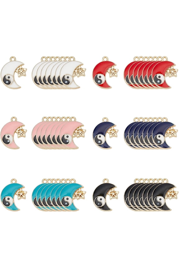 48Pcs 6 Colors Tai Chi Bagua Crescent Moon Star Pendant Moon with Yin Yang Enamel Charms Rack Plating Alloy Pendants for Jewelry Making DIY CraftHole:1.5mm colorful