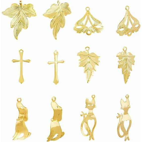 48Pcs 6 Style Brass Pendants Charms Pendants Rack Plated Brass Pendants Dog Maple Leaf Cat Silhouette Shape Pendants for DIY Necklace Bracelet Jewelry Making Hole:0.6-1.2mm