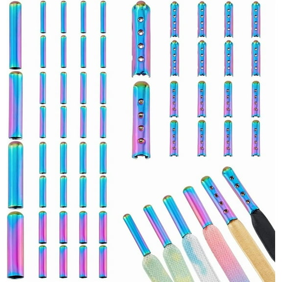 48Pcs 6 Style Column Brass Shoelace Aglets Shape Shoe Lace Tie Locks Clips End Rainbow Color 20~23x3.5~5.5mm Inner Diameter: 3~4.5mm