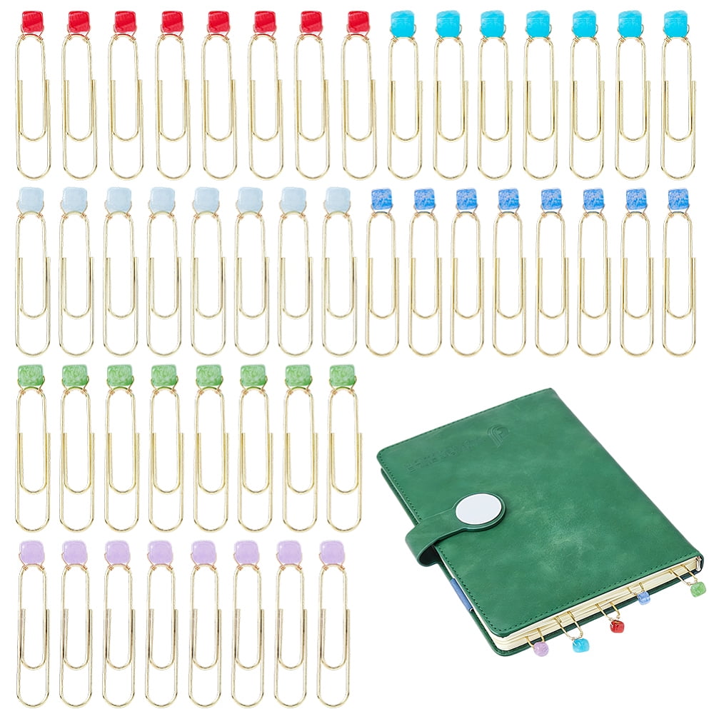 48Pcs 6 Style Metal Paper Clips with Natural White Jade & Natural Agate Cube Mixed Color 57mm 8pcs/style