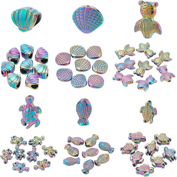 48Pcs 6 Style Ocean Theme Rainbow Color Alloy European Beads Seashell Fish Pattern Loose Beads for Bracelet Necklace DIY Jewelry Making Rainbow Color