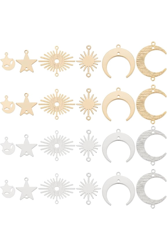 48Pcs 6 Styles Brass Links Charms Connector Kits Sun Moon Star Brass Charms with 2 Holes Sun Moon Star Pendant Connectors for DIY DIY Jewelry Making