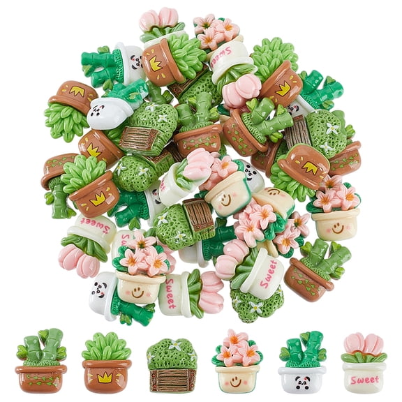 48Pcs 6 Styles Opaque Resin Cabochons Potted Plant Mixed Color 20~24x17.5~19x8~9mm 8pcs/style
