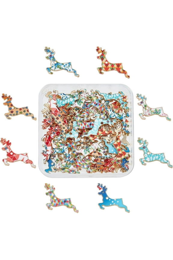 48Pcs 8 Colors Alloy Enamel Deer Pendants Christmas Deer Golden Plated Enamel Charm Deer Dangle Charm for Jewelry Making Hole: 1.2mm