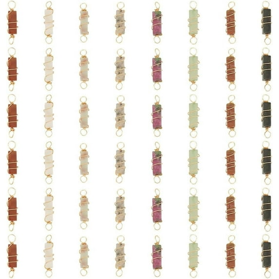48Pcs 8 Colors Natural Mixed Gemstone Brass Wire Wrapped Column Connector Charms Real 18K Gold Plated 25mm 6pcs/color