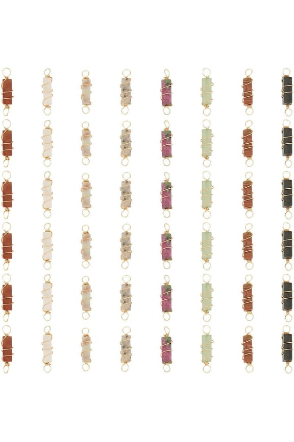 48Pcs 8 Colors Natural Stone Pendants 25mm Wire Wrapped Stone Connector Charms Column Stone Links with Double Loops Stone Dangle Pendants for DIY handcrafting