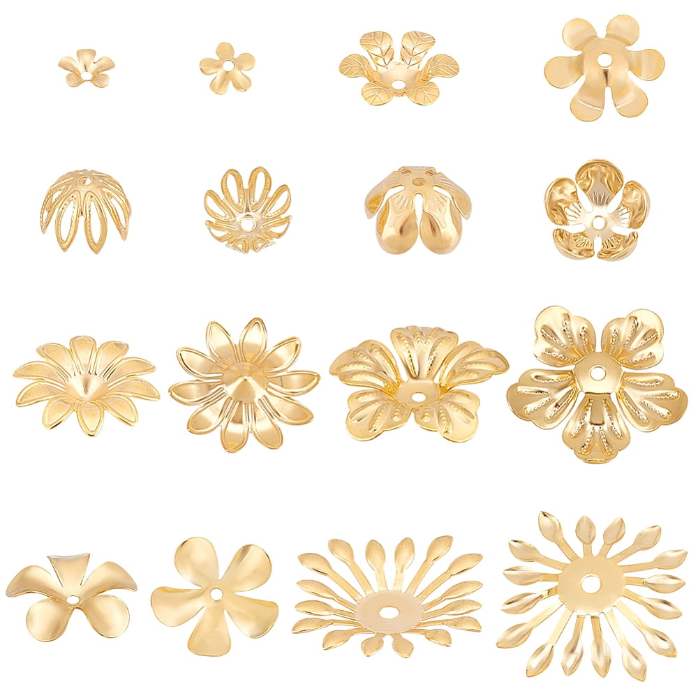 48Pcs 8 Style 304 Stainless Steel Bead Caps Flower Golden 6~25x6.5~25x1.5~7mm Hole: 1.2~1.5mm 6pcs/style