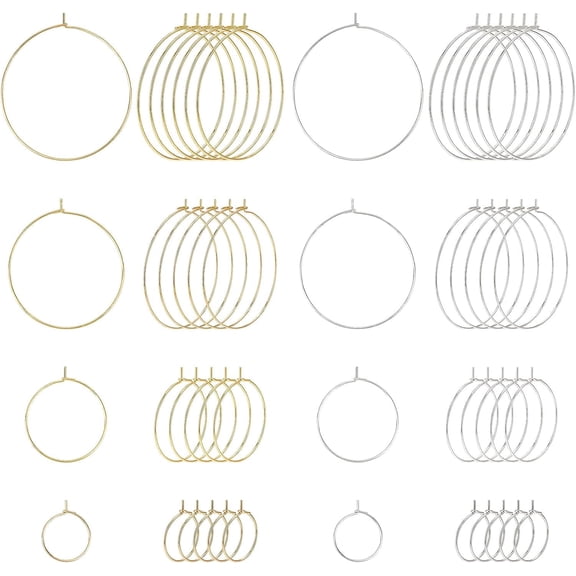 48Pcs 8 Style Stainless Steel Hoop Earring Findings 4 Size Wine Glass Charm Rings Open Earring Beading Hoop for DIY Crafts Earring Party Favor Pendant Making Sliver & Golden
