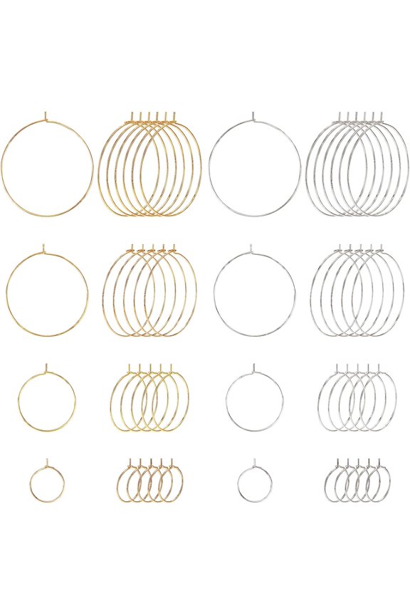 48Pcs 8 Style Stainless Steel Hoop Earring Findings 4 Size Wine Glass Charm Rings Open Earring Beading Hoop for DIY Crafts Earring Party Favor Pendant Making, Sliver & Golden