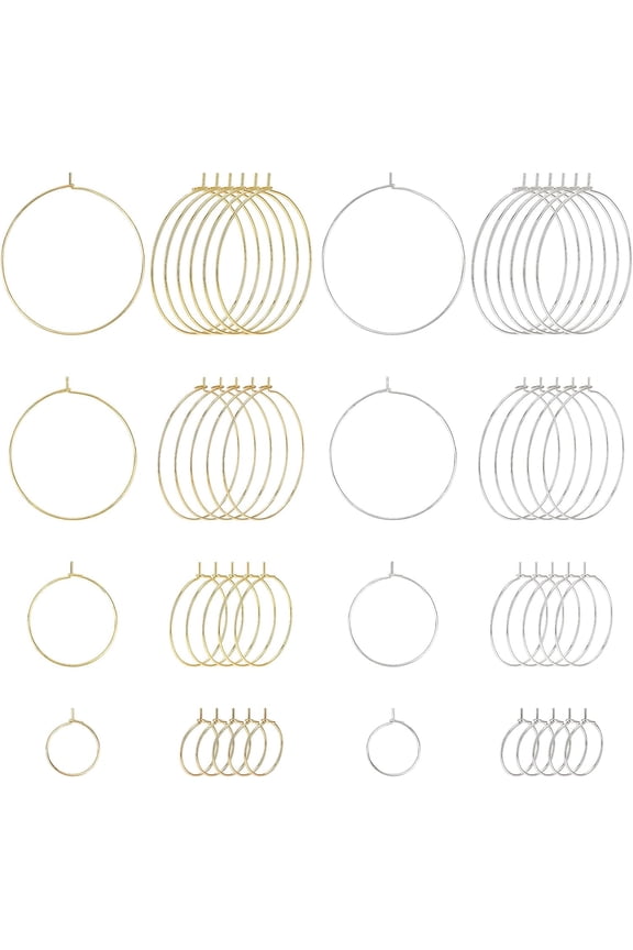 48Pcs 8 Style Stainless Steel Hoop Earring Findings 4 Size Wine Glass Charm Rings Open Earring Beading Hoop for DIY Crafts Earring Party Favor Pendant Making Sliver Golden