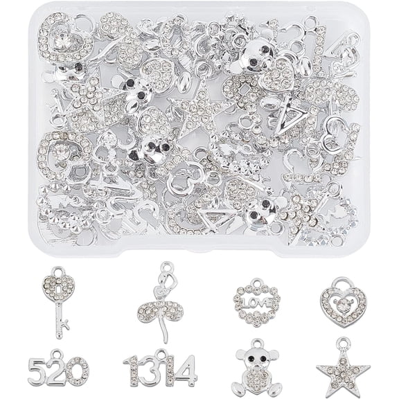 48Pcs 8 Style Valentine's Day Theme Alloy Pendants with Crystal Rhinestone Cadmium Free & Lead Free Heart & Key & Dancer & Bear & Star & Number1314 & Number520 Platinum