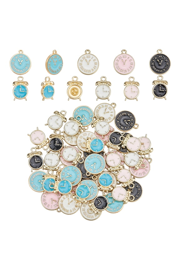 48Pcs 8 Styles Clock Alloy Enamel Pendants Mixed Color 16~17x10.5~14.5x1.5~3mm Hole: 1.2~2mm 6pcs/style
